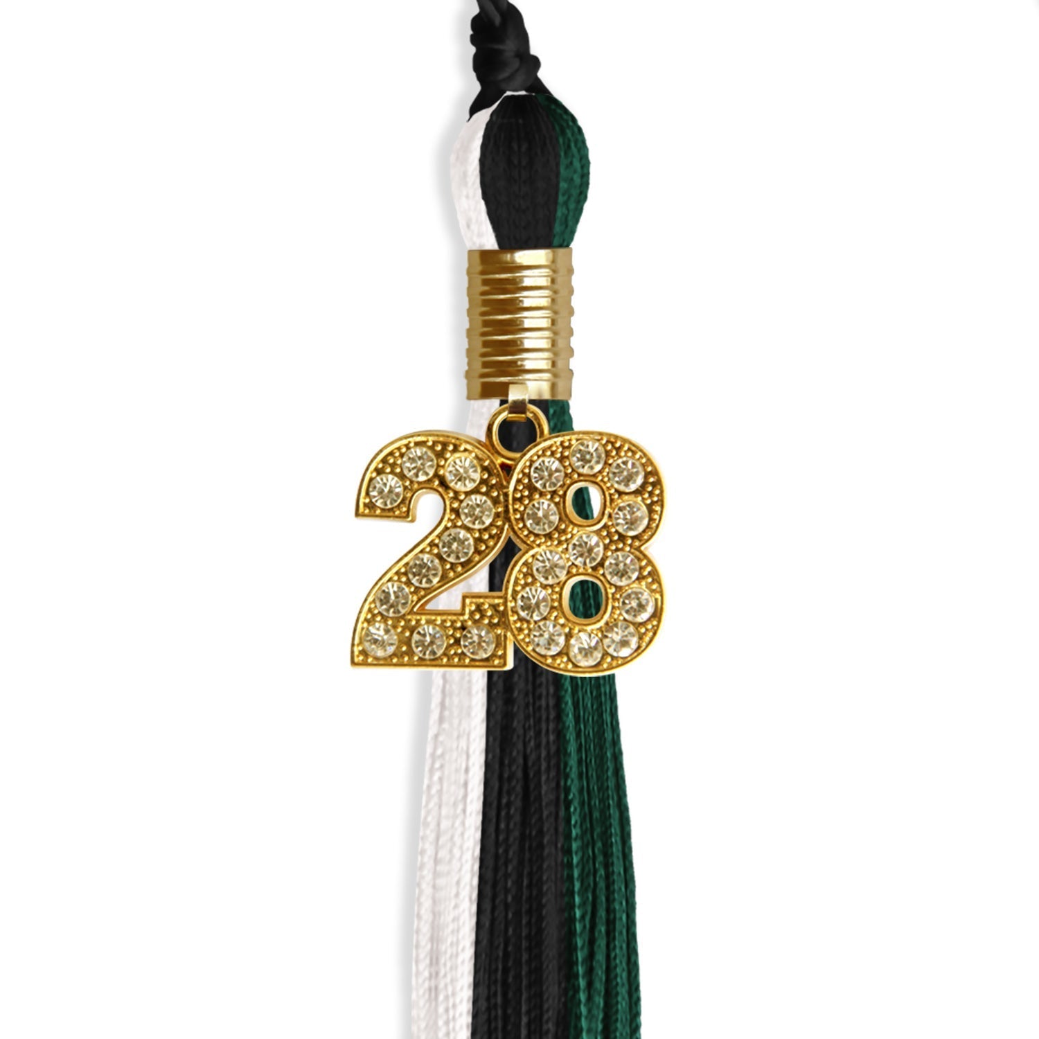 Black/Hunter Green/White Graduation Tassel with Gold Bling Charm by Wholesale Grad Supply