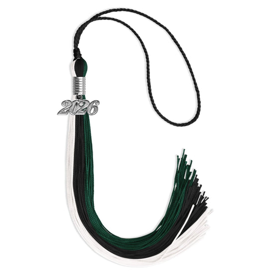 Black/Hunter Green/White Graduation Tassel with Silver Bling Charm by Wholesale Grad Supply