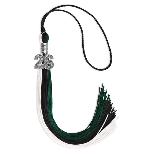 Black/Hunter Green/White Graduation Tassel with Silver Bling Charm by Wholesale Grad Supply