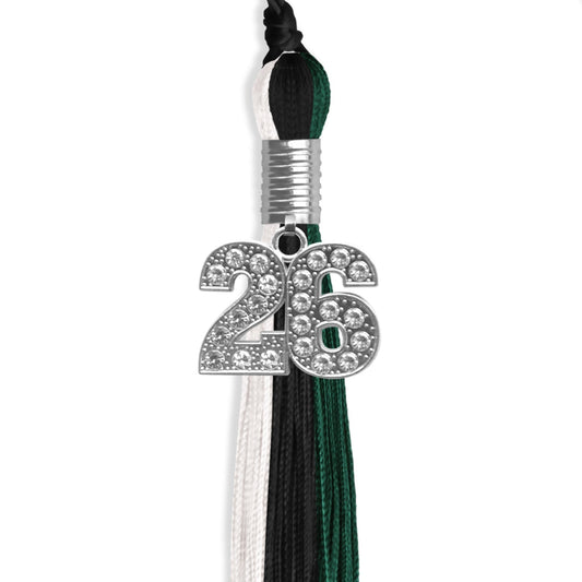 Black/Hunter Green/White Graduation Tassel with Silver Bling Charm by Wholesale Grad Supply