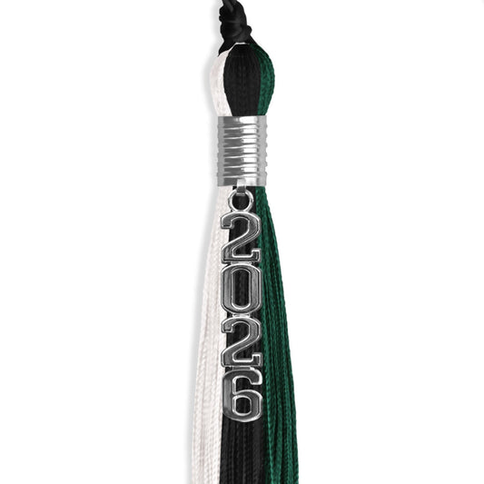 Black/Hunter Green/White Graduation Tassel with Silver Stacked Date Drop by Wholesale Grad Supply