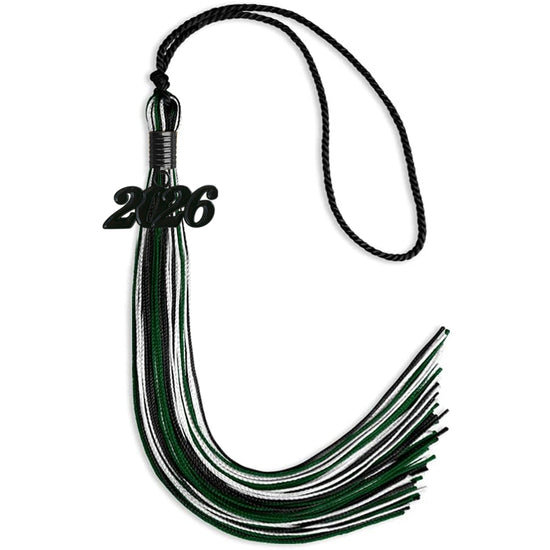 Black/Hunter Green/White Mixed Color Graduation Tassel with Black Bling Charm by Wholesale Grad Supply
