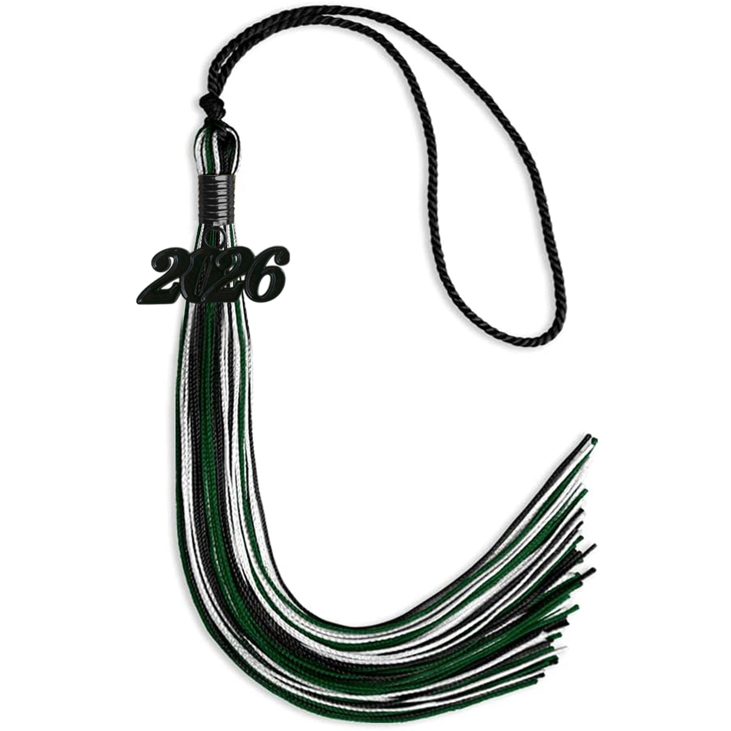 Black/Hunter Green/White Mixed Color Graduation Tassel with Black Bling Charm by Wholesale Grad Supply