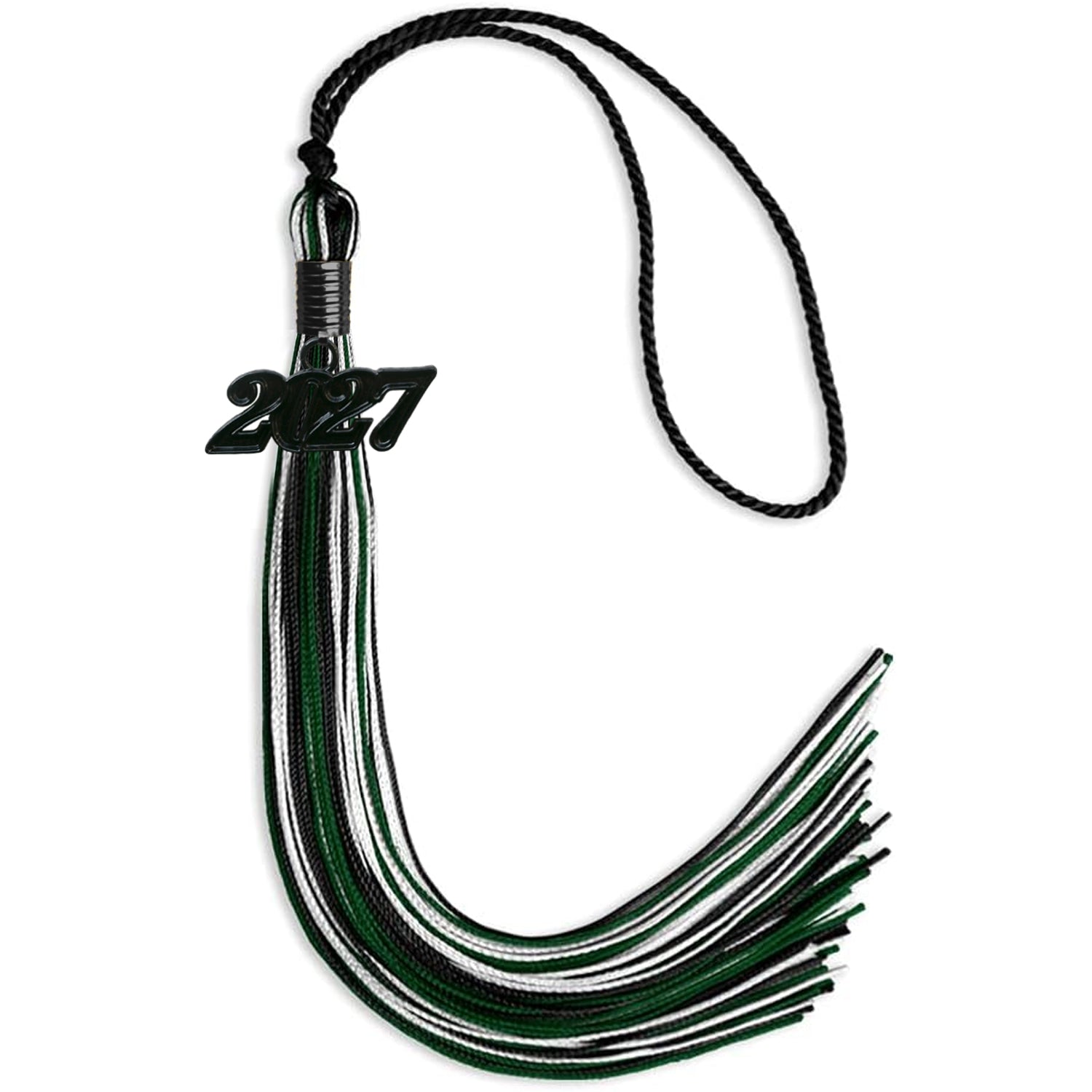 Black/Hunter Green/White Mixed Color Graduation Tassel with Black Bling Charm by Wholesale Grad Supply