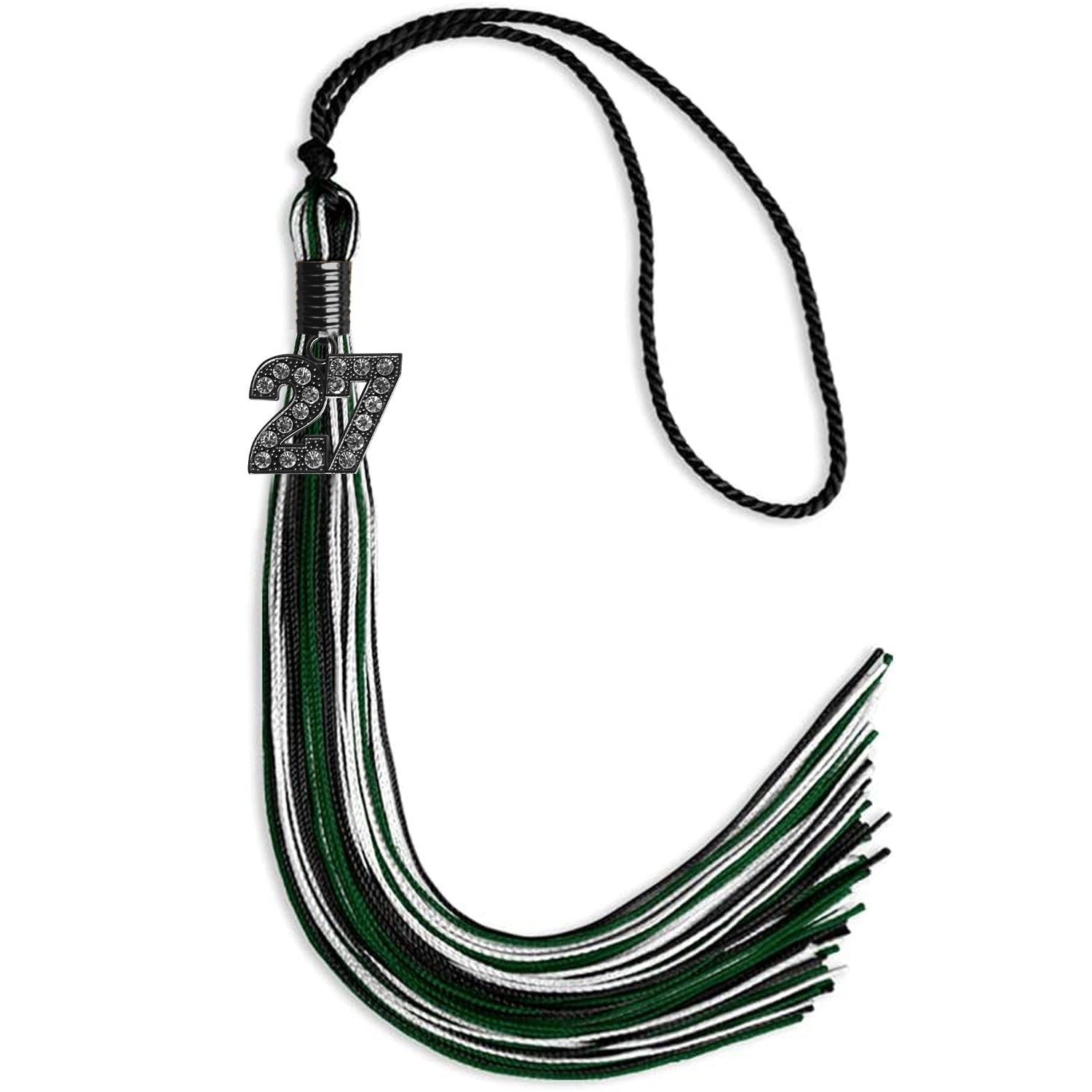 Black/Hunter Green/White Mixed Color Graduation Tassel with Black Bling Charm by Wholesale Grad Supply