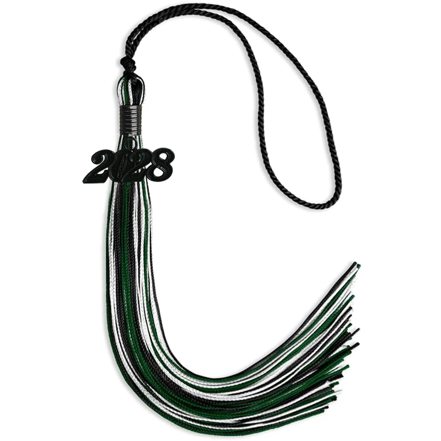 Black/Hunter Green/White Mixed Color Graduation Tassel with Black Bling Charm by Wholesale Grad Supply