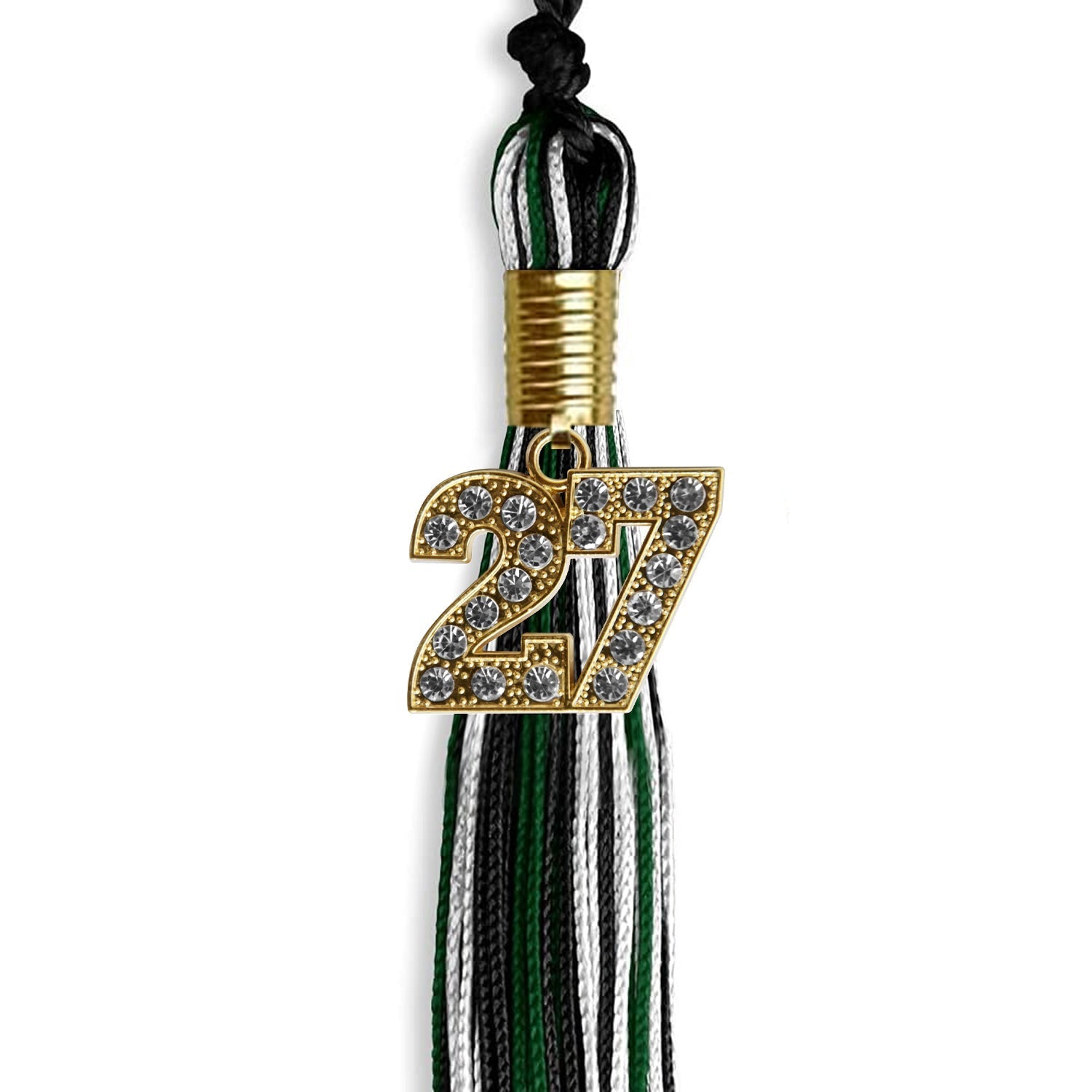 Black/Hunter Green/White Mixed Color Graduation Tassel with Gold Bling Charm by Wholesale Grad Supply