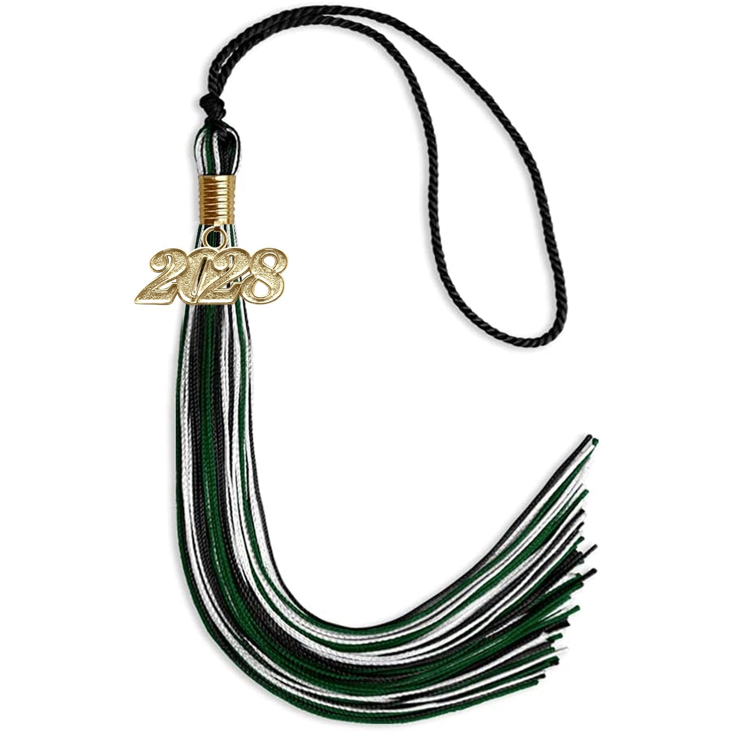 Black/Hunter Green/White Mixed Color Graduation Tassel with Gold Bling Charm by Wholesale Grad Supply