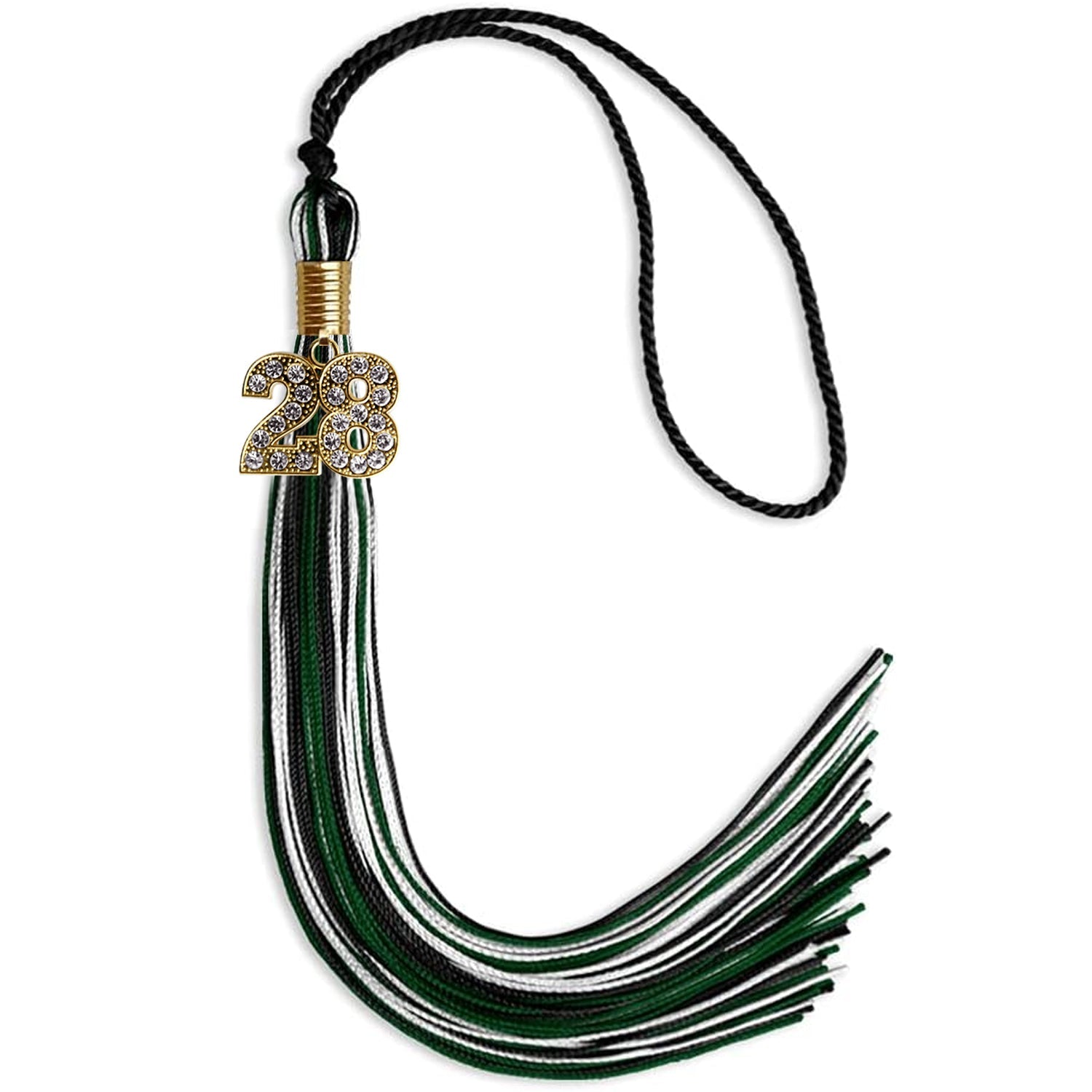 Black/Hunter Green/White Mixed Color Graduation Tassel with Gold Bling Charm by Wholesale Grad Supply