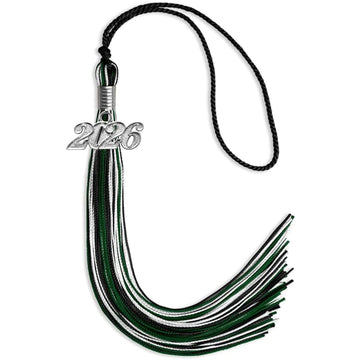 Black/Hunter Green/White Mixed Color Graduation Tassel with Silver Bling Charm by Wholesale Grad Supply