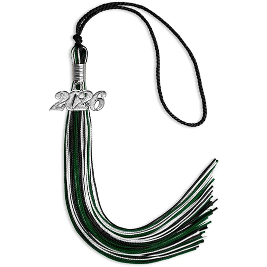 Black/Hunter Green/White Mixed Color Graduation Tassel with Silver Bling Charm by Wholesale Grad Supply