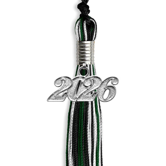 Black/Hunter Green/White Mixed Color Graduation Tassel with Silver Bling Charm by Wholesale Grad Supply