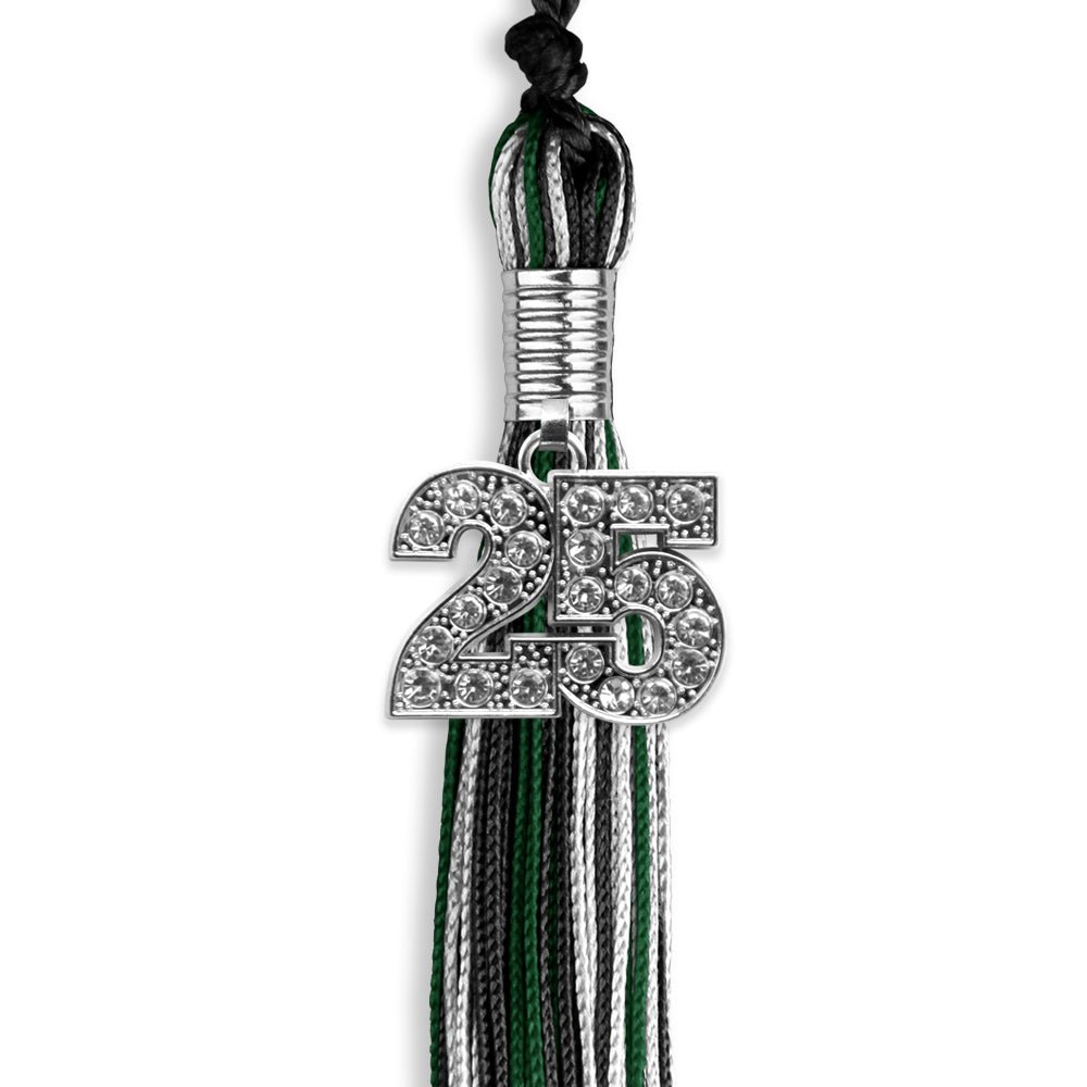 Black/Hunter Green/White Mixed Color Graduation Tassel with Silver Bling Charm by Wholesale Grad Supply