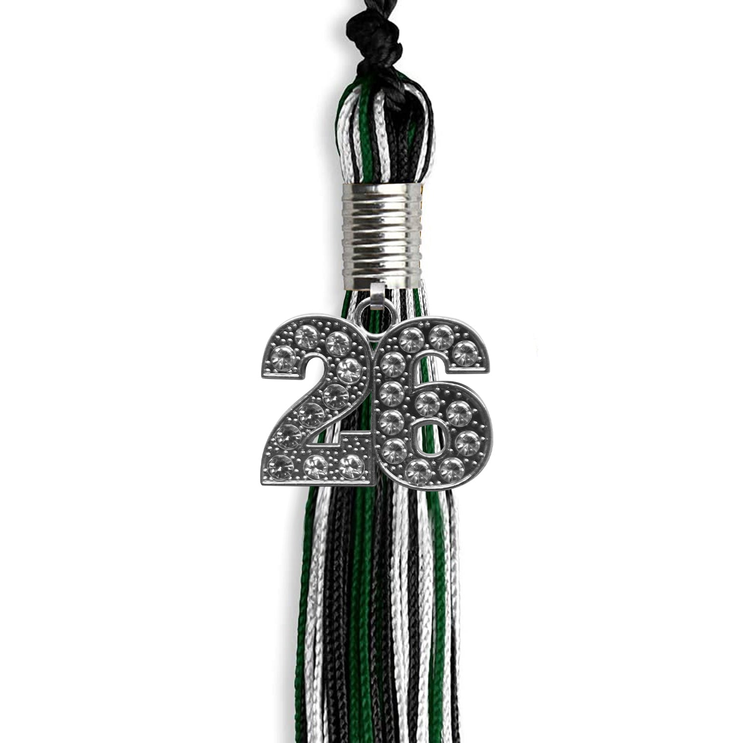 Black/Hunter Green/White Mixed Color Graduation Tassel with Silver Bling Charm by Wholesale Grad Supply
