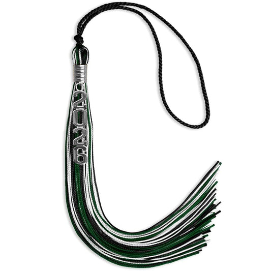 Black/Hunter Green/White Mixed Color Graduation Tassel with Silver Stacked Date Drop by Wholesale Grad Supply