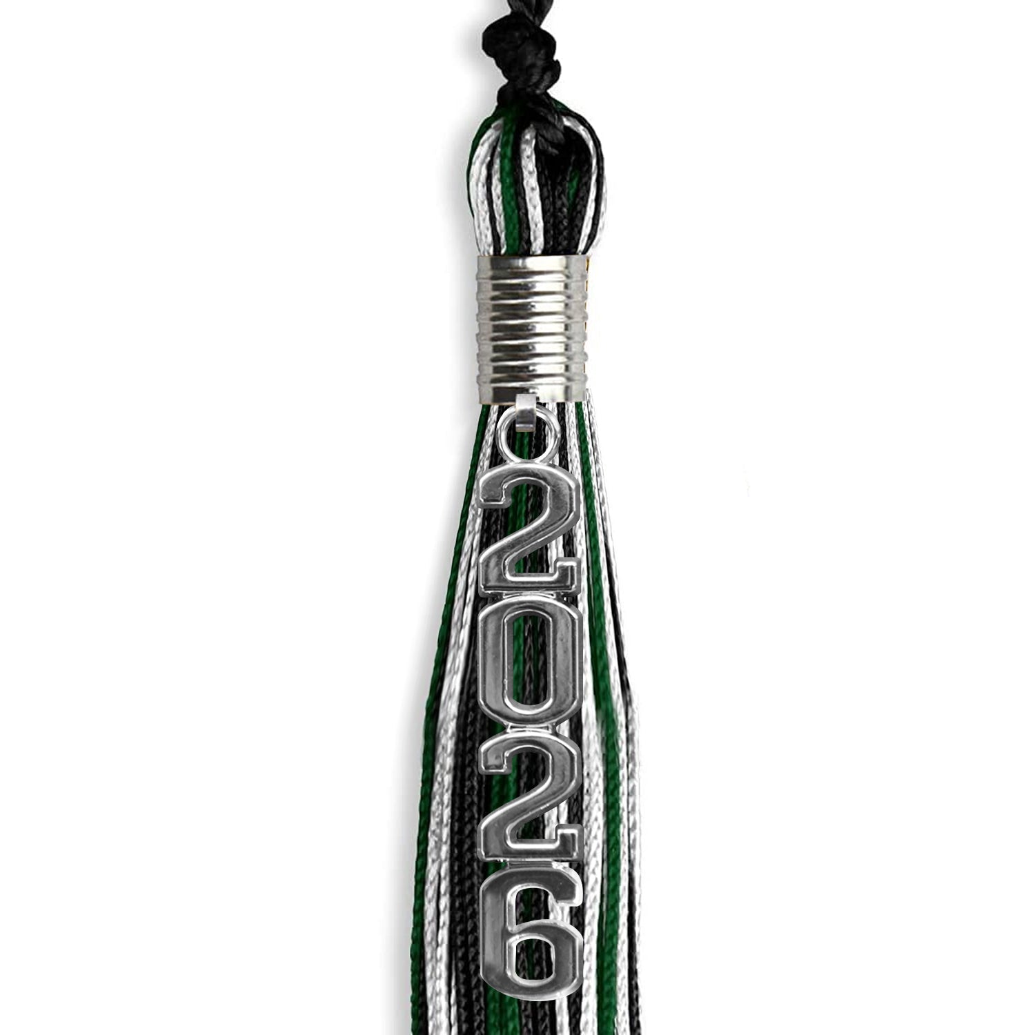 Black/Hunter Green/White Mixed Color Graduation Tassel with Silver Stacked Date Drop by Wholesale Grad Supply