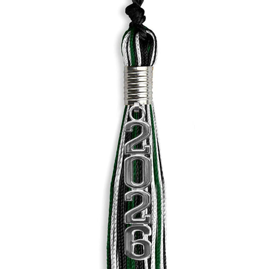 Black/Hunter Green/White Mixed Color Graduation Tassel with Silver Stacked Date Drop by Wholesale Grad Supply