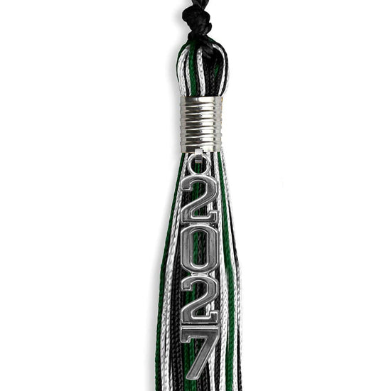 Black/Hunter Green/White Mixed Color Graduation Tassel with Silver Stacked Date Drop by Wholesale Grad Supply