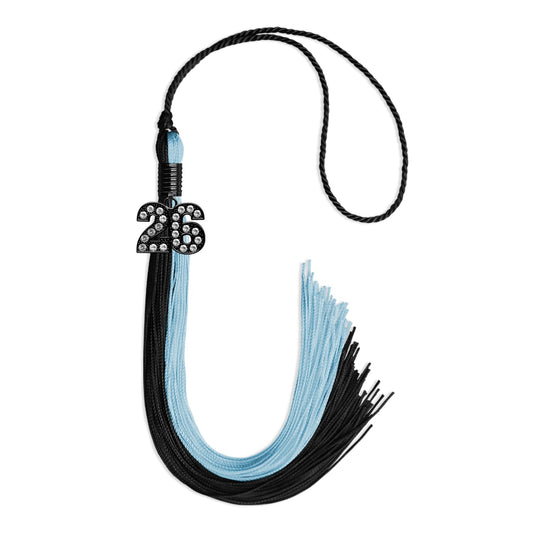 Black/Light Blue Graduation Tassel with Black Bling Charm by Wholesale Grad Supply