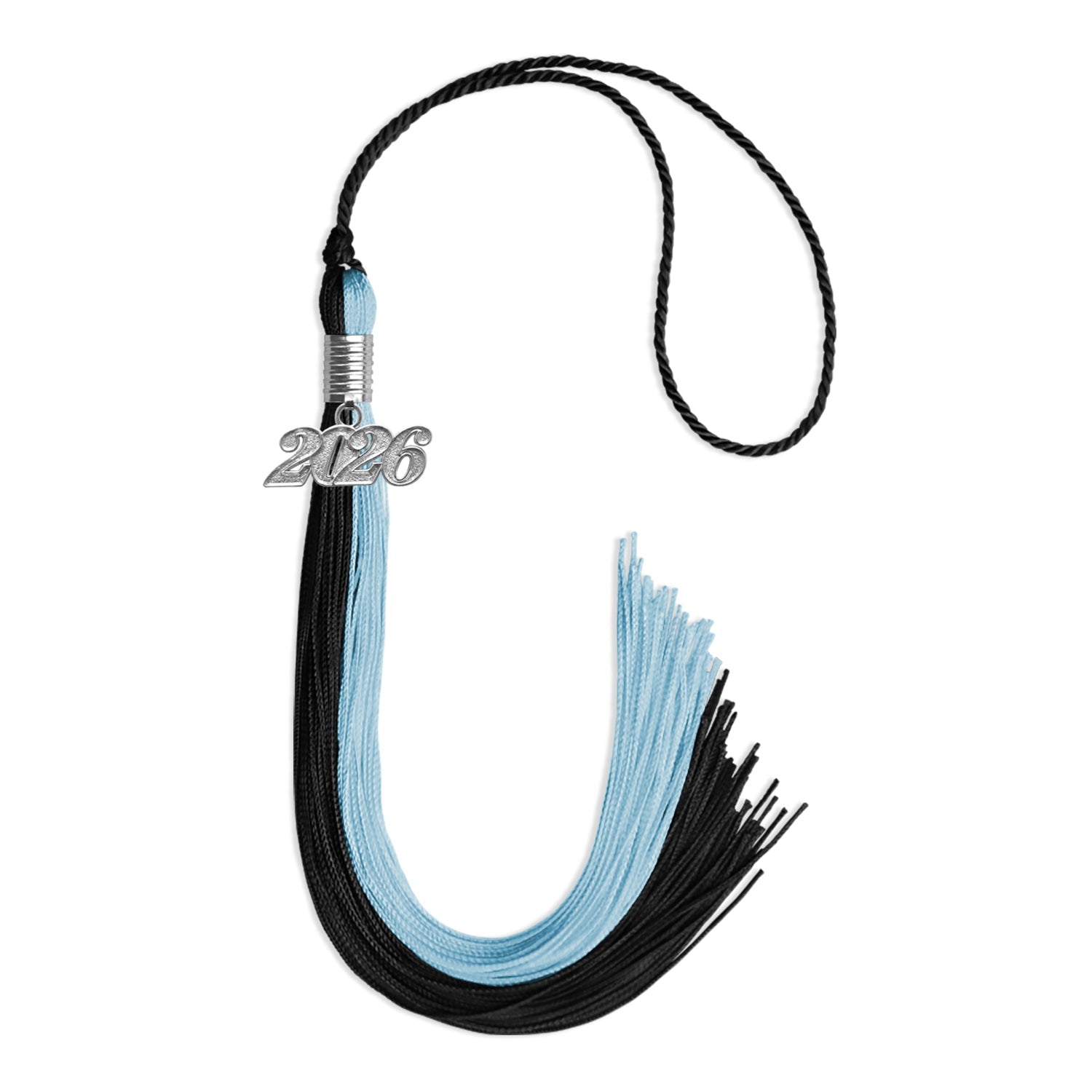 Black/Light Blue Graduation Tassel with Silver Bling Charm by Wholesale Grad Supply