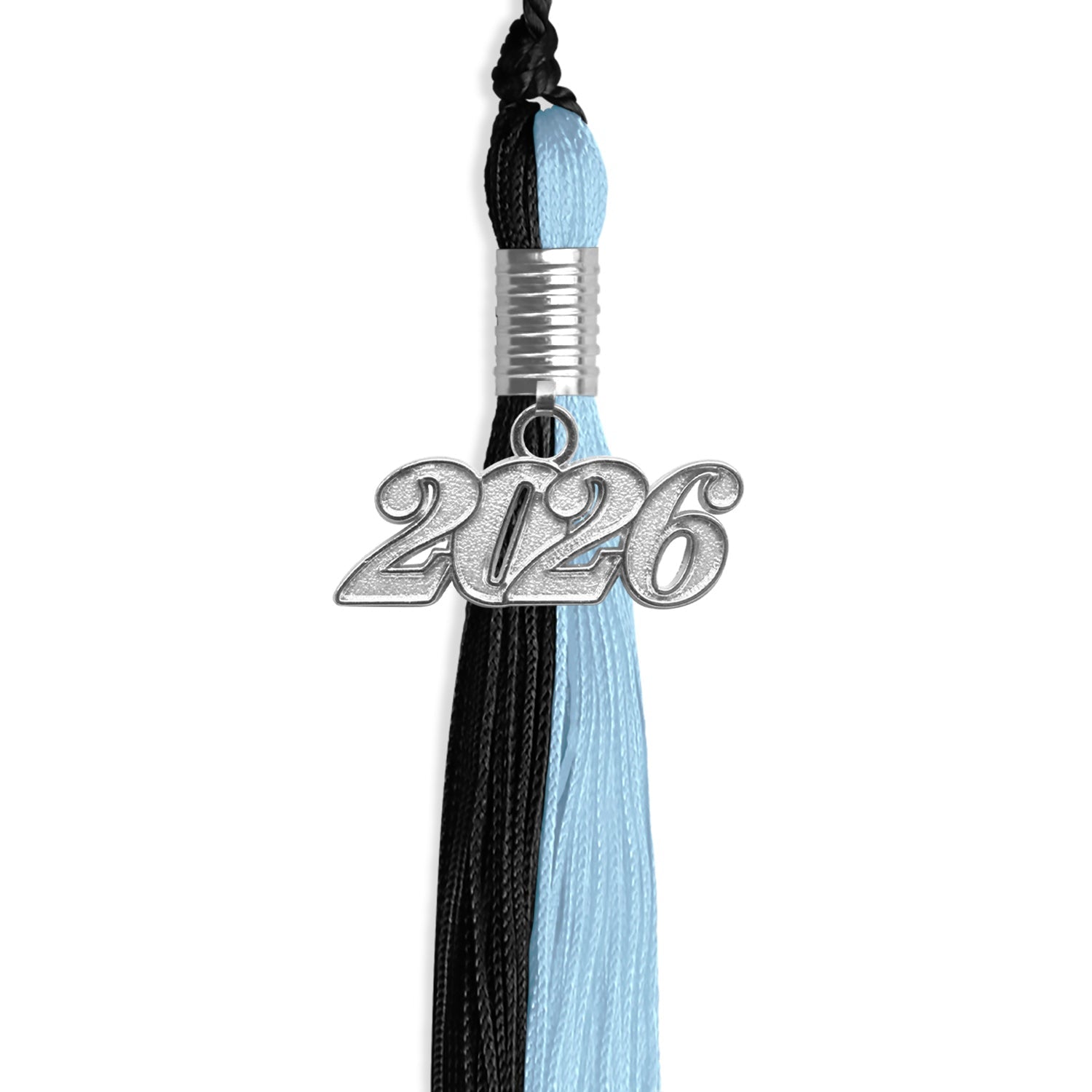 Black/Light Blue Graduation Tassel with Silver Bling Charm by Wholesale Grad Supply