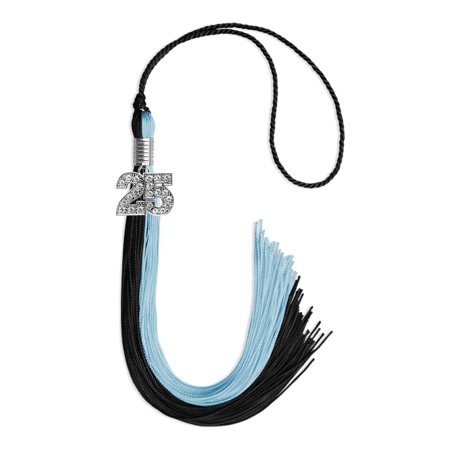 Black/Light Blue Graduation Tassel with Silver Bling Charm by Wholesale Grad Supply