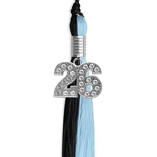 Black/Light Blue Graduation Tassel with Silver Bling Charm by Wholesale Grad Supply