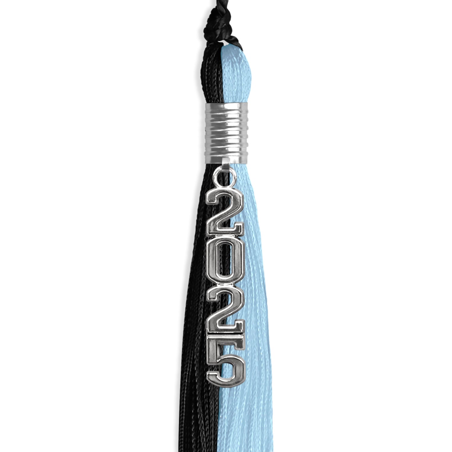Black/Light Blue Graduation Tassel with Silver Stacked Date Drop by Wholesale Grad Supply