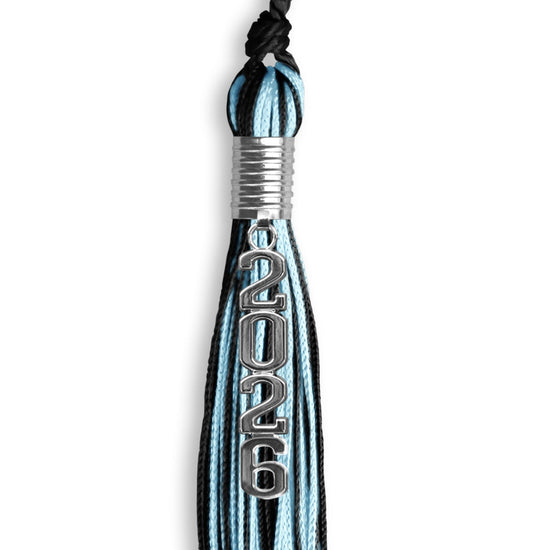 Black/Light Blue Mixed Color Graduation Tassel with Stacked Silver Date Drop by Wholesale Grad Supply
