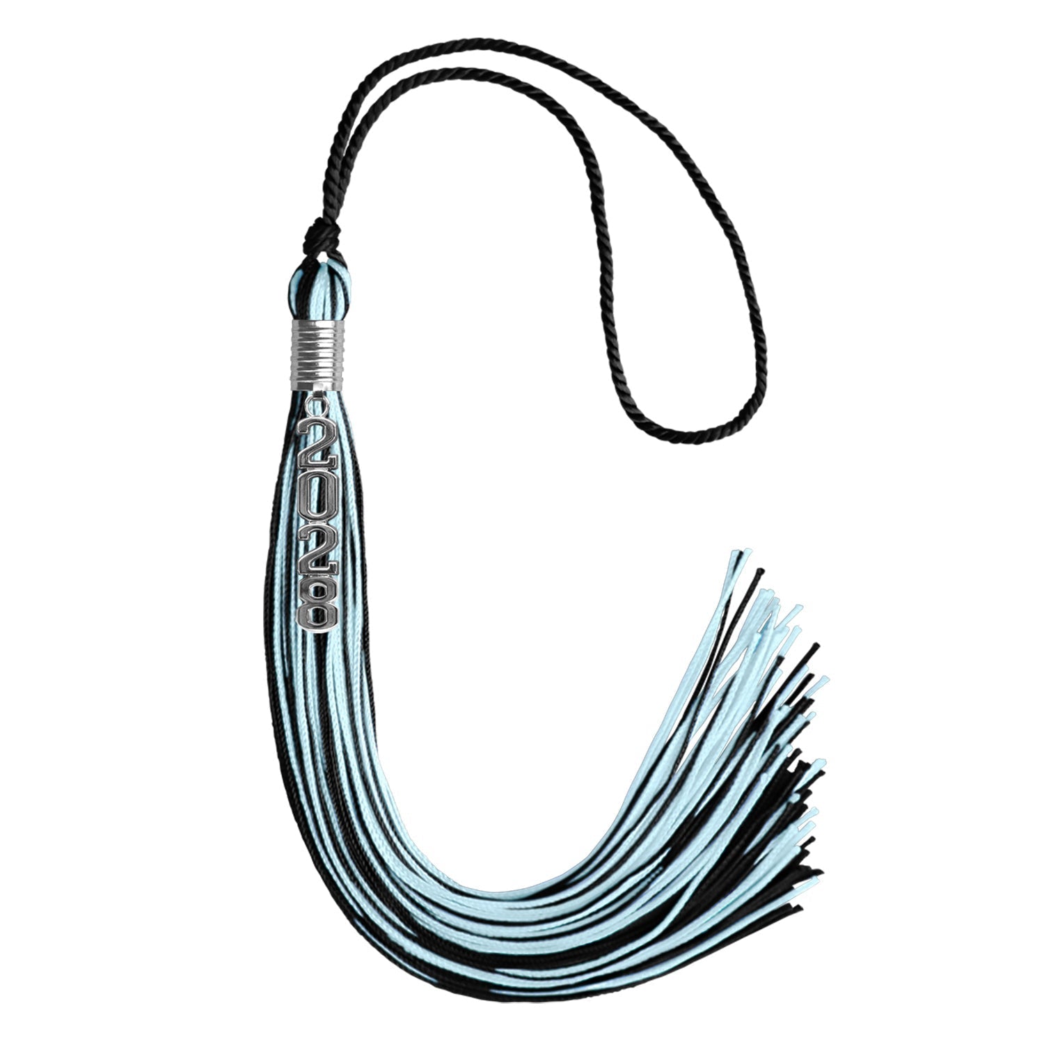 Black/Light Blue Mixed Color Graduation Tassel with Stacked Silver Date Drop by Wholesale Grad Supply