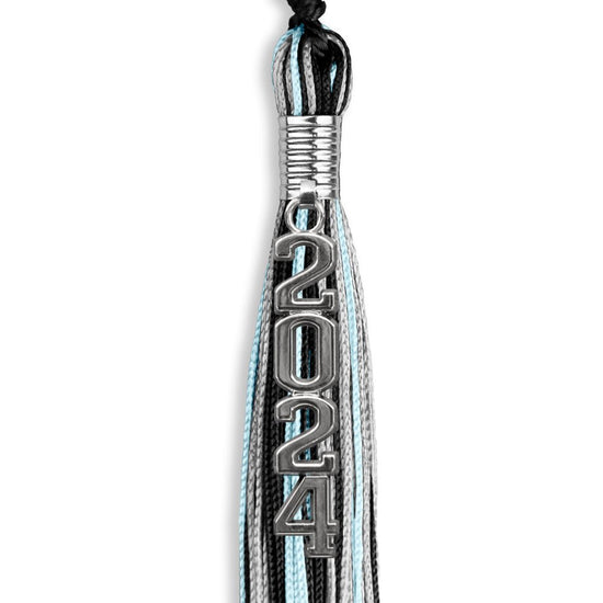 Black/Light Blue/Silver Mixed Color Graduation Tassel with Silver Stacked Date Drop by Wholesale Grad Supply