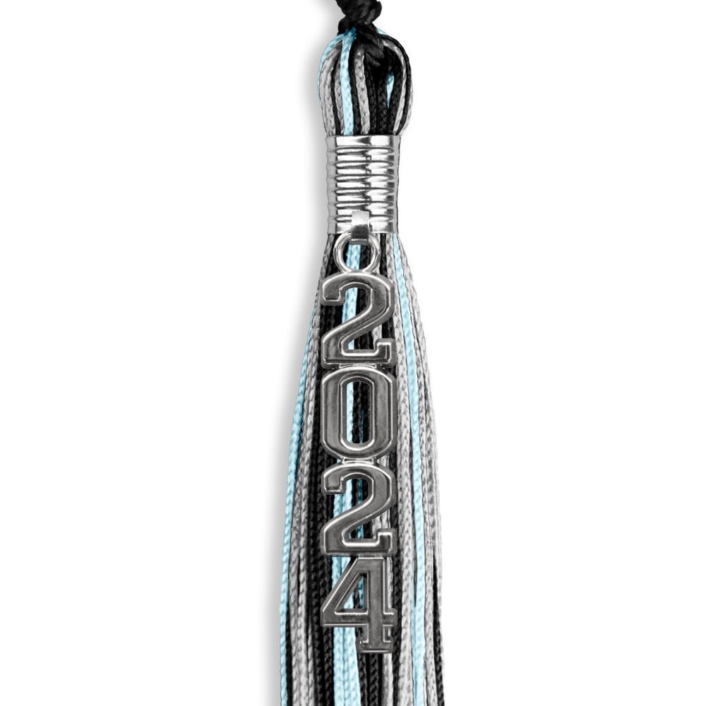 Black/Light Blue/Silver Mixed Color Graduation Tassel with Silver Stacked Date Drop by Wholesale Grad Supply