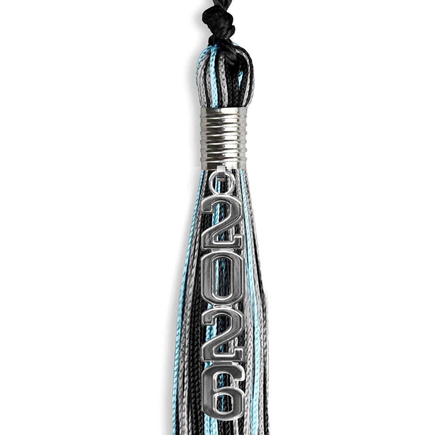 Black/Light Blue/Silver Mixed Color Graduation Tassel with Silver Stacked Date Drop by Wholesale Grad Supply