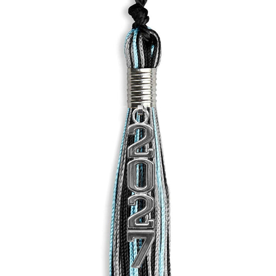 Black/Light Blue/Silver Mixed Color Graduation Tassel with Silver Stacked Date Drop by Wholesale Grad Supply