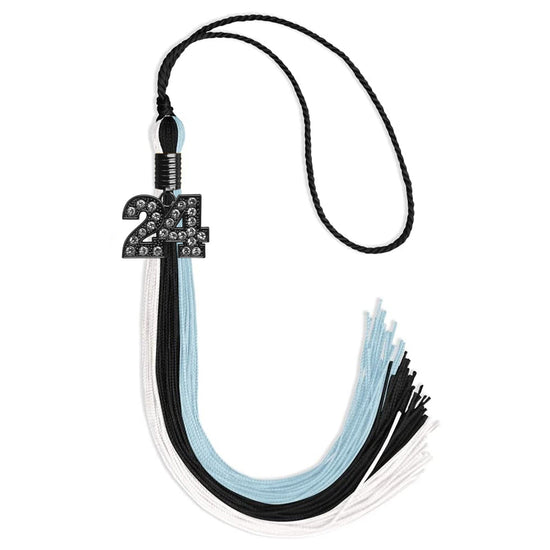 Black/Light Blue/White Graduation Tassel with Black Bling Charm by Wholesale Grad Supply