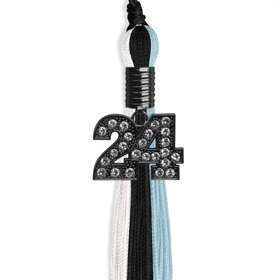 Black/Light Blue/White Graduation Tassel with Black Bling Charm by Wholesale Grad Supply