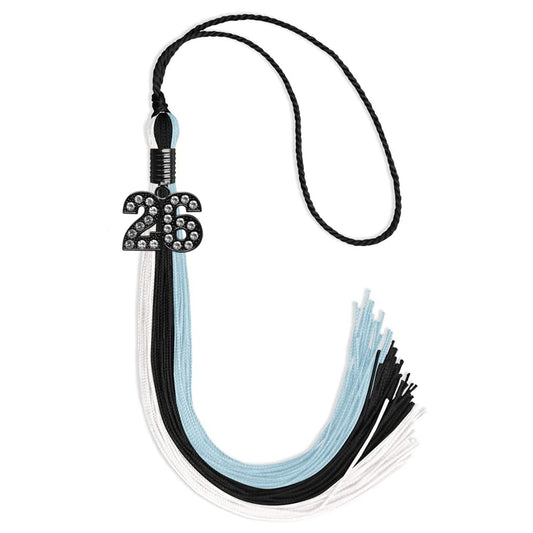 Black/Light Blue/White Graduation Tassel with Black Bling Charm by Wholesale Grad Supply
