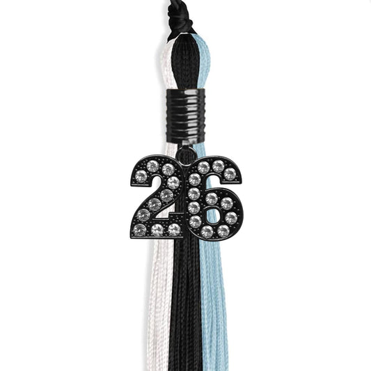 Black/Light Blue/White Graduation Tassel with Black Bling Charm by Wholesale Grad Supply