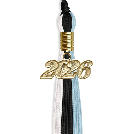 Black/Light Blue/White Graduation Tassel with Gold Bling Charm by Wholesale Grad Supply