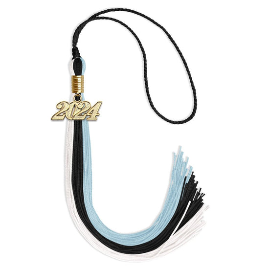 Black/Light Blue/White Graduation Tassel with Gold Bling Charm by Wholesale Grad Supply