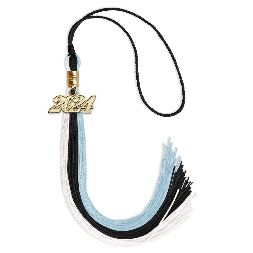 Black/Light Blue/White Graduation Tassel with Gold Bling Charm by Wholesale Grad Supply