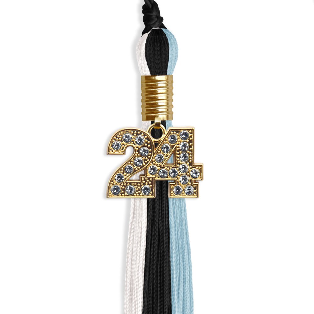 Black/Light Blue/White Graduation Tassel with Gold Bling Charm by Wholesale Grad Supply