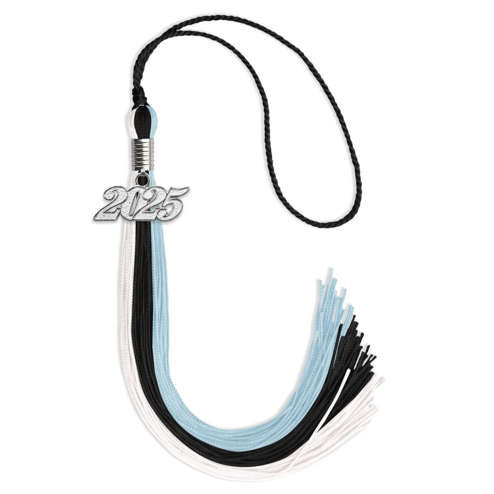 Black/Light Blue/White Graduation Tassel with Silver Bling Charm by Wholesale Grad Supply
