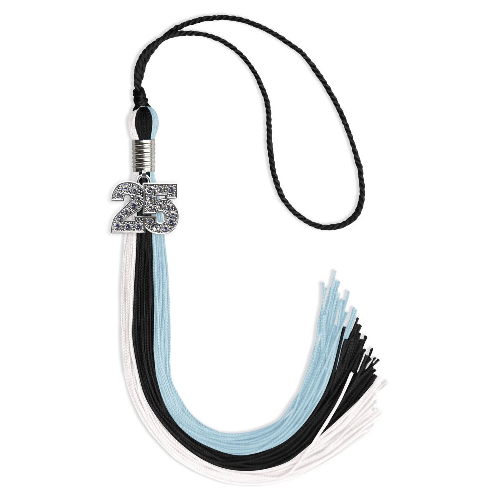 Black/Light Blue/White Graduation Tassel with Silver Bling Charm by Wholesale Grad Supply