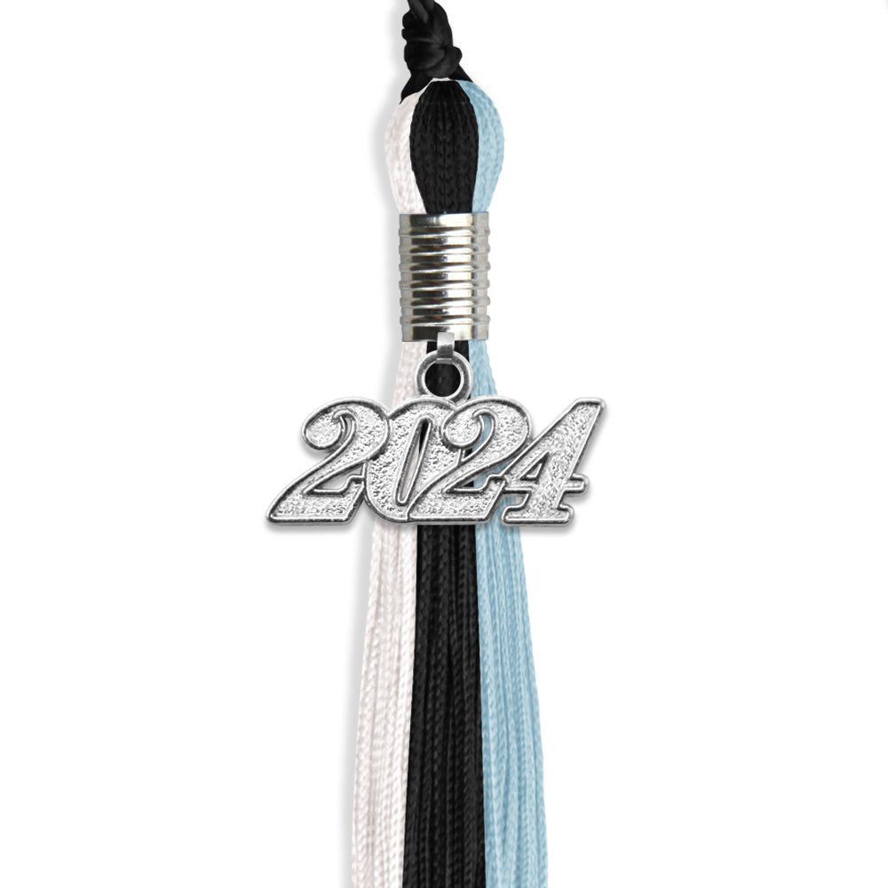 Black/Light Blue/White Graduation Tassel with Silver Bling Charm by Wholesale Grad Supply