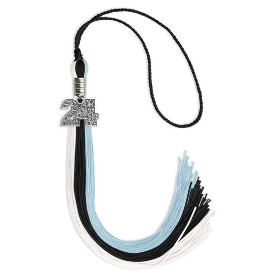 Black/Light Blue/White Graduation Tassel with Silver Bling Charm by Wholesale Grad Supply