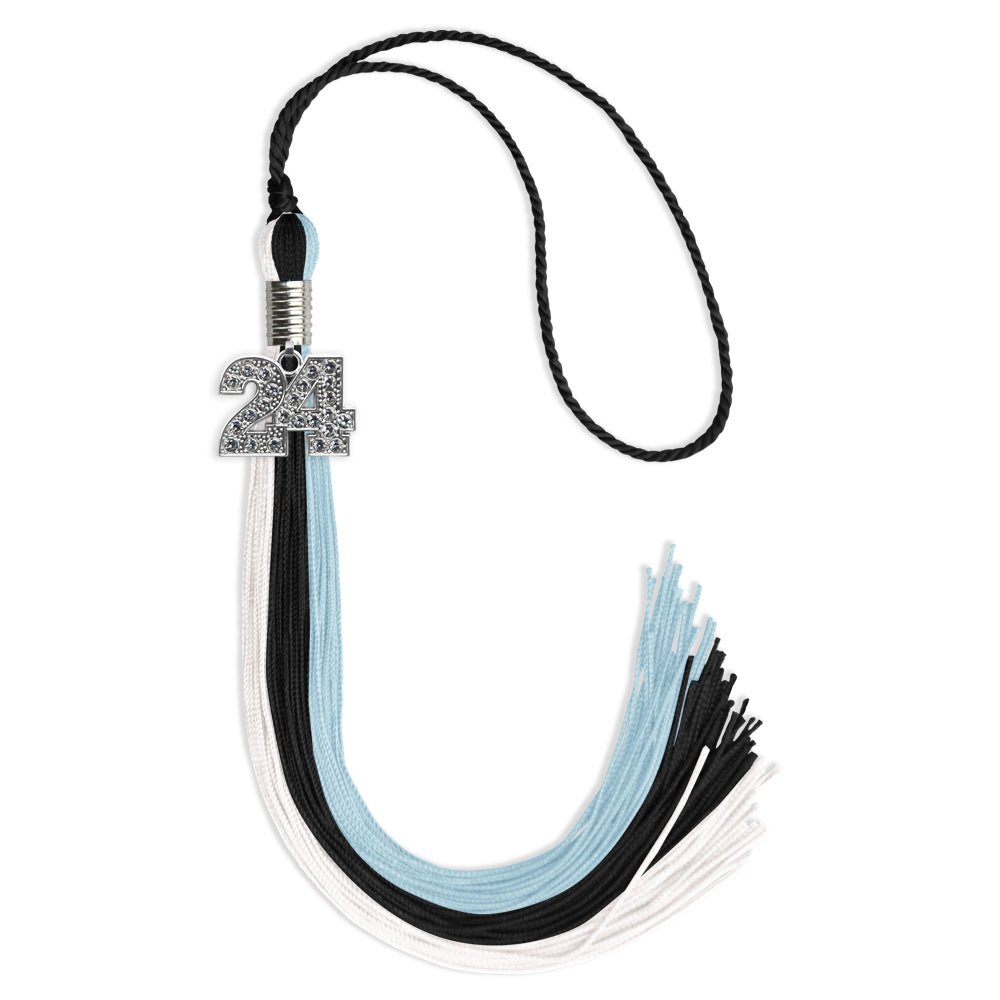 Black/Light Blue/White Graduation Tassel with Silver Bling Charm by Wholesale Grad Supply
