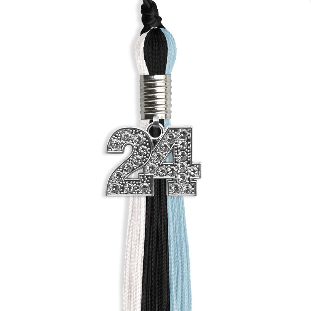 Black/Light Blue/White Graduation Tassel with Silver Bling Charm by Wholesale Grad Supply