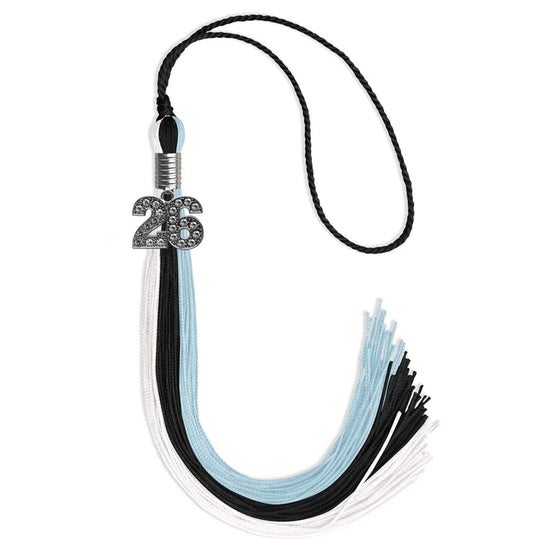 Black/Light Blue/White Graduation Tassel with Silver Bling Charm by Wholesale Grad Supply