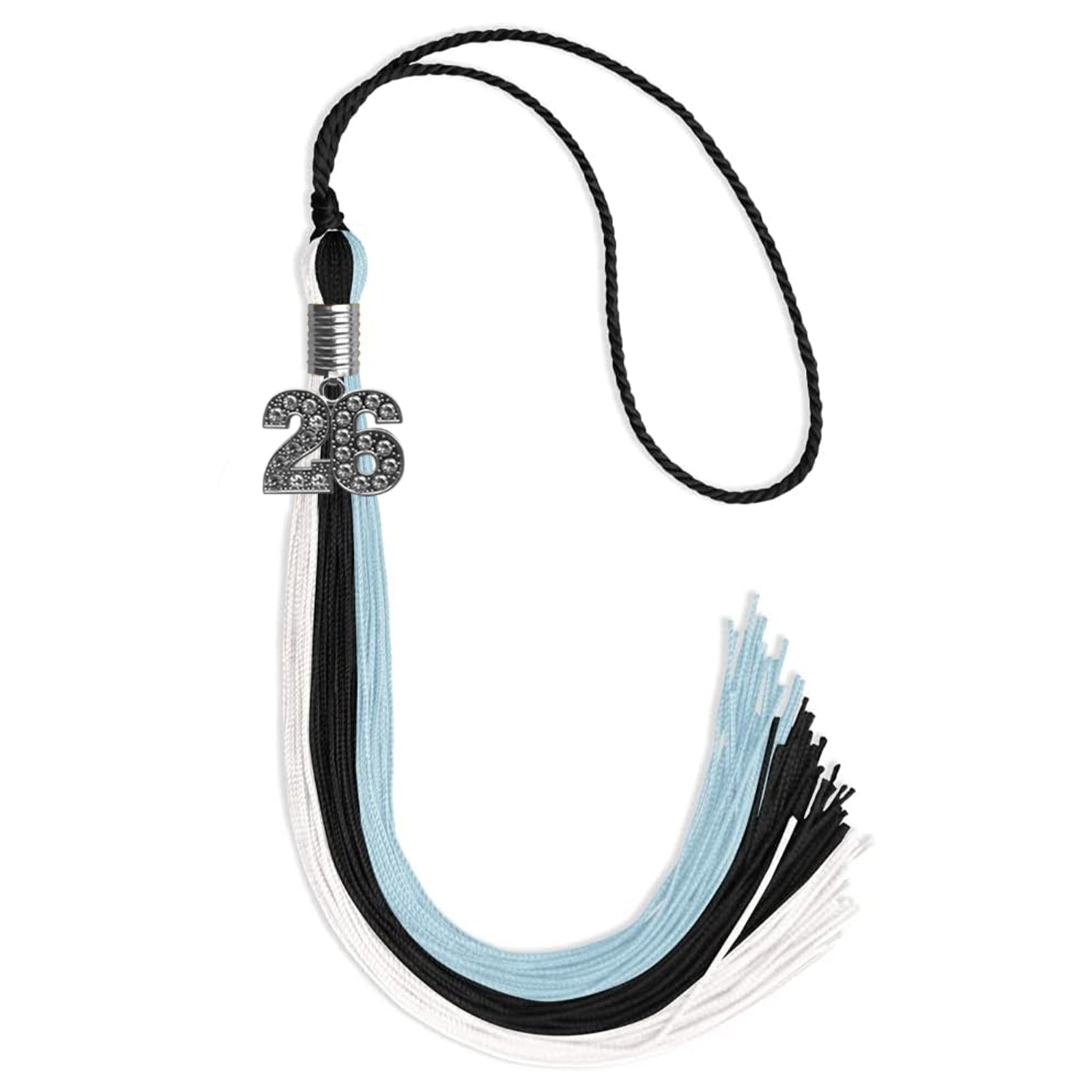 Black/Light Blue/White Graduation Tassel with Silver Bling Charm by Wholesale Grad Supply